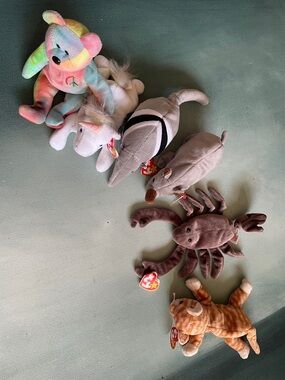 Ty Vintage Beanie Babies Lot of 6 Anteater Rhino Scorpion Cat Bear Unicorn